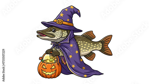 Mystical Pike in Costume: A creatively illustrated northern pike, adorned in a wizard's attire and clutching a Jack o' lantern, embodying the enchantment of Halloween. 