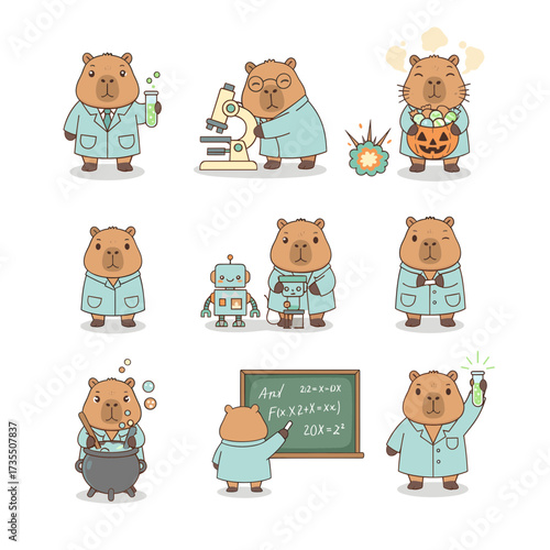 Nine capybaras in lab coats conduct science experiments. Suitable for educational materials, presentations, or designs related to science and research.