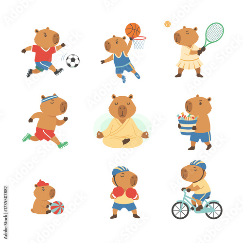 Capybaras participating in sports like yoga, suitable for wildlife, sports, and lifestyle themes in designs, websites, and social media.