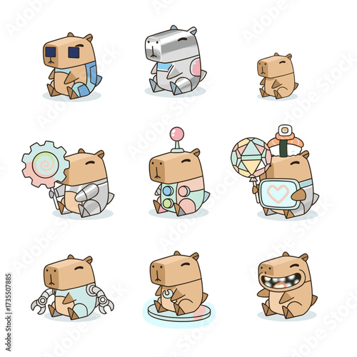 Nine capybara characters in digital costumes suitable for childrens books, educational materials, websites, and social media posts. Cute and whimsical illustrations.