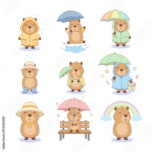 Nine cartoon beavers in rain gear and umbrellas. Perfect for childrens books, weatherrelated designs, and educational materials.