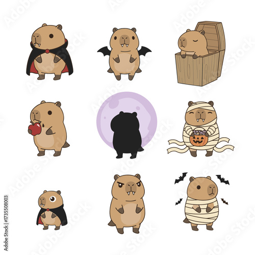 Capybaras in halloween costumes ready for trick or treating, perfect for greeting cards, posters, and social media posts.