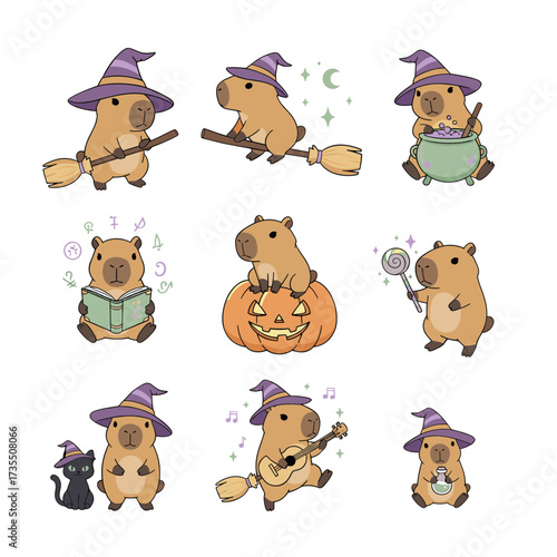 Nine cute capybaras wearing wizard hats in halloween settings. Perfect for festive and whimsical holidaythemed designs and projects. Great for halloween promotions and social media posts.