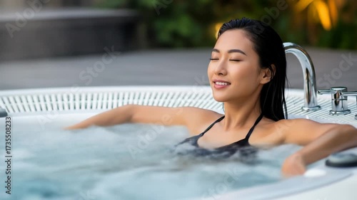 Woman relaxing in a hot tub at twilight spa wellness concept