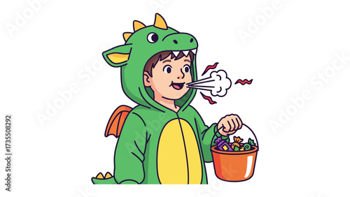 Halloween Dragon Delight: A child, decked in a playful dragon costume, is seen exhaling, clutching a treat-filled bucket. This illustrates a magical holiday scene.