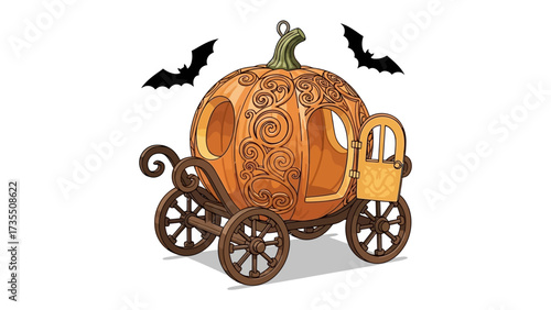 Cinderella's Pumpkin Carriage: A whimsical illustration depicts a beautifully crafted pumpkin carriage, complete with ornate details and complemented by silhouetted bats.