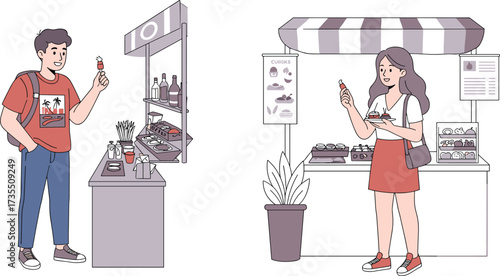 Street food market illustration, man and woman eating snacks, outdoor food stall, cultural cuisine, lifestyle dining, international festival celebration