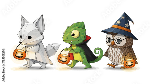 Spooky Costume Parade: Adorable animal friends, dressed in enchanting Halloween costumes, go trick-or-treating, bringing a touch of whimsical charm and spooky delight to the festive season.