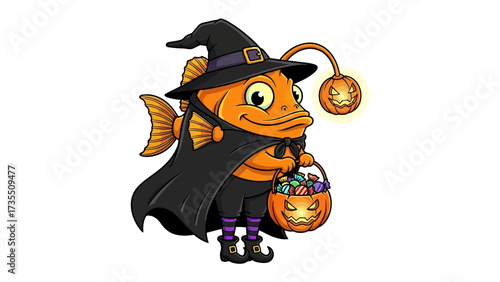 Halloween Anglerfish's Costume: An enchanting illustration of a Halloween-themed anglerfish, dressed in a witch's hat and cloak, carrying a carved pumpkin basket.