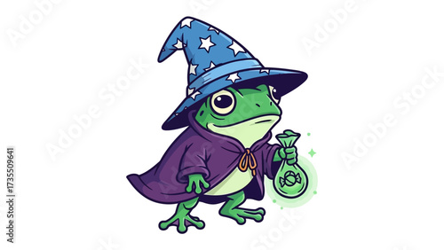 Mystical Frog Wizard: A charming and whimsical illustration of a frog, adorned in a wizard's hat and robe, conjuring magic and holding a glowing bag of treasure, it's an enchanting scene.