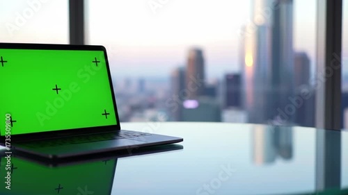 Two Laptops with Green Screens, City View
