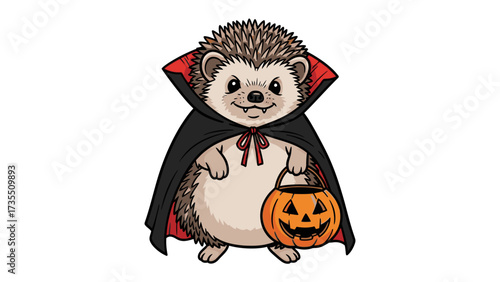 Halloween Hedgehog: This playful illustration showcases a cute hedgehog, cleverly dressed in a vampire cape and holding a carved pumpkin, ready for trick-or-treating. 