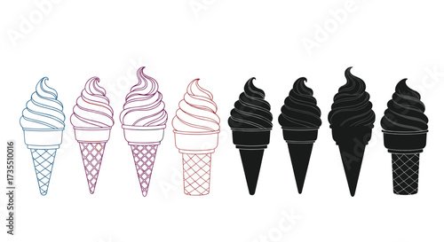 A collection of ice cream cones in various styles and colors.