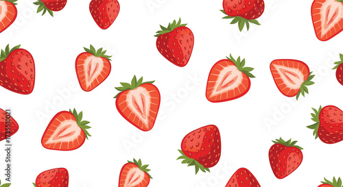 A beautiful pattern of fresh strawberries and strawberry slices on a white background.