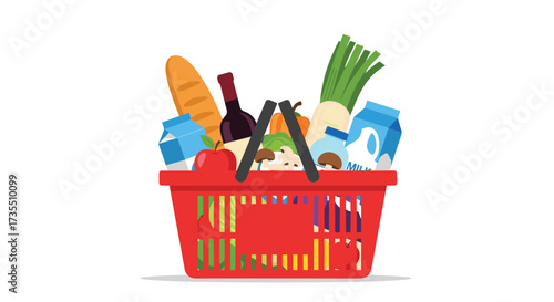 A full red grocery basket filled with fresh food and drinks.