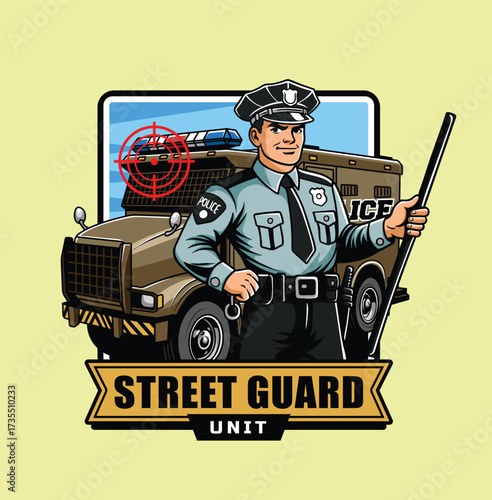 Police illustration with tactical vehicle for logo badge