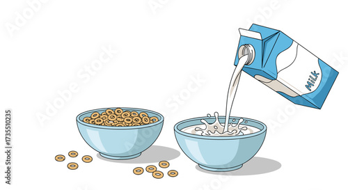 Pouring milk into a bowl of cereal for breakfast.