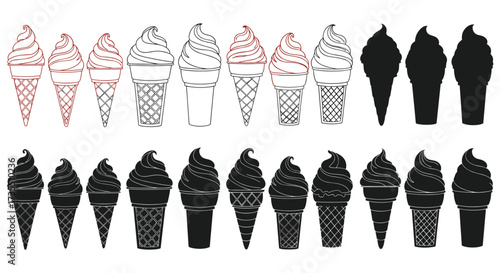 A collection of various ice cream cones rendered in silhouette and line art.