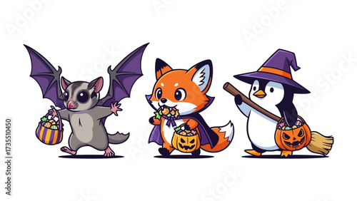 Halloween Animals Celebration: Charming cartoon characters including a sugar glider, fox, and penguin celebrate Halloween, bringing spooky vibes. 
