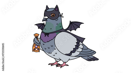 Pigeon Hero: A whimsically illustrated pigeon, embodying the spirit of a masked superhero, dons a cape, mask, and bat-like wings while clutching a loot bag.