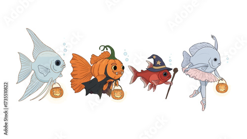 Halloween Costume Fish: Delightful illustration features a quartet of whimsically costumed fish, ready for Halloween festivities, and a magical world of underwater fun.