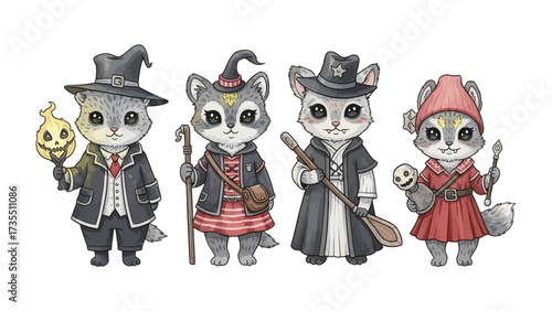 Whimsical Witchcraft Cats: A quartet of charming cats, each costumed in enchanting witch attire, invite you into a world of whimsy and magic, conjuring delight with every spell.