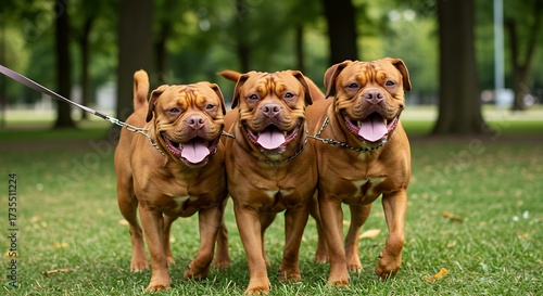 Three happy dogs walking on green grass in a park with trees background