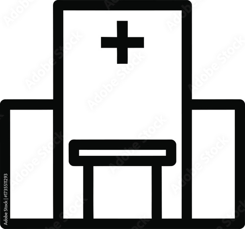Simple line art icon of a hospital building with a cross