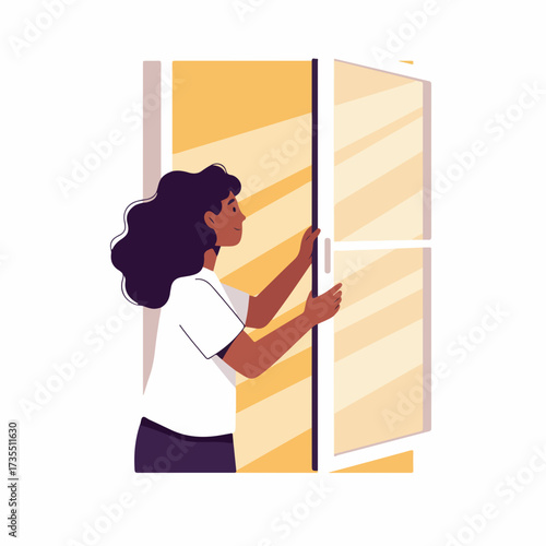 Flat Graphic Style Woman Opening Window for Ventilation Illustration
