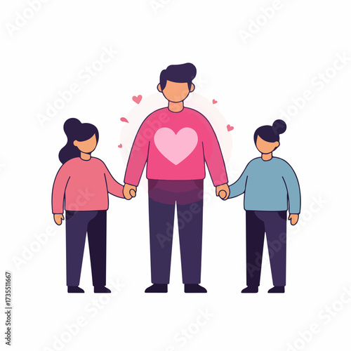 Flat Design Father with Two Children Holding Hands Loving Family Illustration
