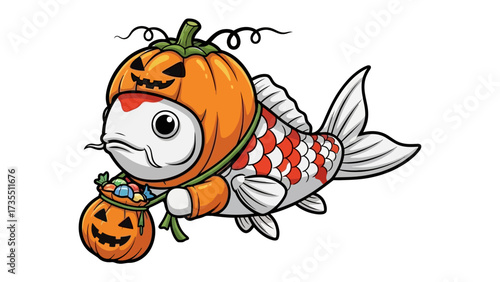 Spooky Koi Fish: A vibrant cartoon illustration of a Koi fish donning a whimsical pumpkin costume, clutching a candy-filled jack-o'-lantern bag, perfect for Halloween greetings!