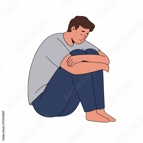 Flat Illustration Depressed Man Sitting Alone Hugging Knees Feeling Sadness