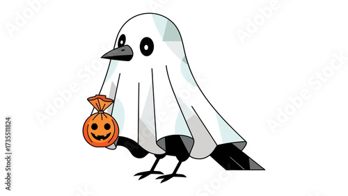 Halloween crow: a cartoon crow dressed in a ghost costume is joyfully clutching a pumpkin-shaped treat bag, celebrating the fun of the spooky season.