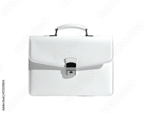 Pristine white leather briefcase, handle up, metal clasp, isolated on black background