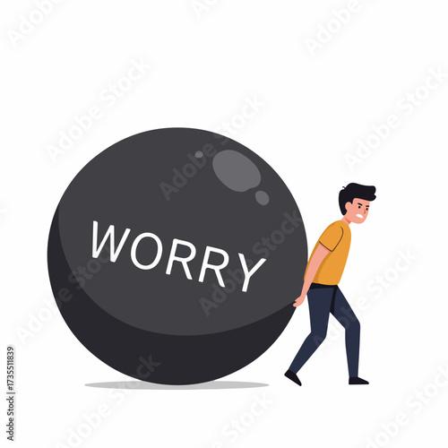 Flat Style Overwhelmed Man Burdened by a Huge Ball of Worry Concept