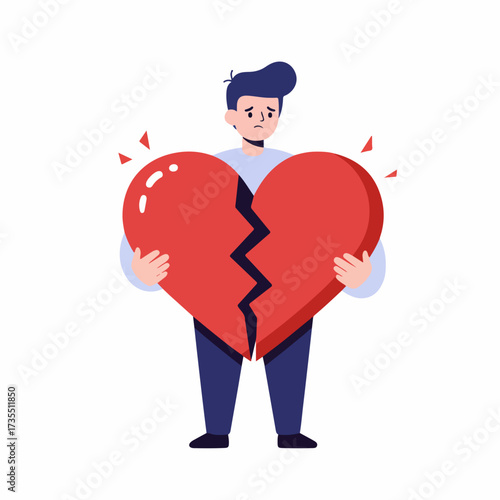 Flat Style Depressed Man Holding a Broken Heart Shape Character