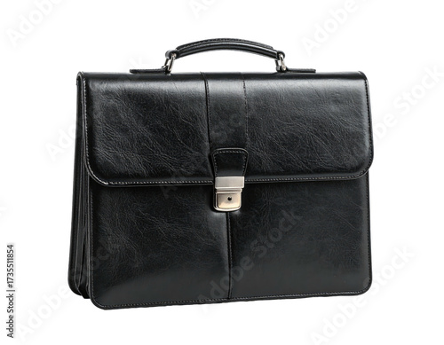 A close-up of a black leather briefcase with a handle and metal clasp