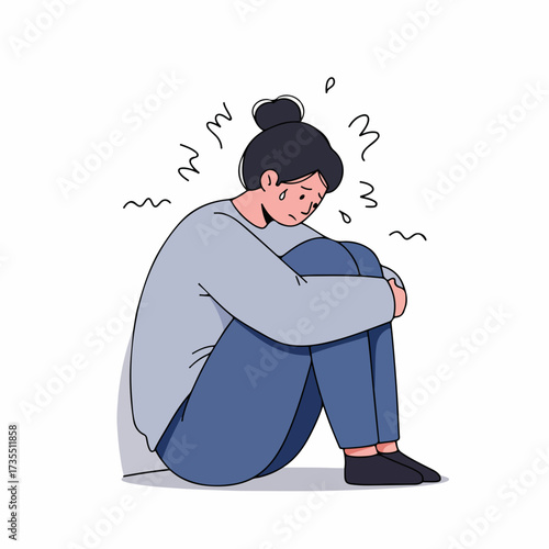 Simple Flat Illustration of Depressed Woman Hugging Knees Feeling Anxious