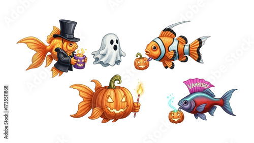 Whimsical Halloween Fish: A playful illustration showcases a group of enchanting fish, each embracing the spirit of Halloween, creating a delightful scene.