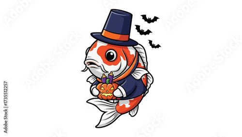Koi in Halloween Costume: A whimsical Koi fish dons a dapper Halloween costume, holding a pumpkin and with bats flitting nearby, against a background of simple color.