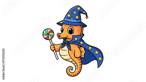 Magical Seahorse Wizard: A whimsical illustration depicts a charming seahorse wizard, complete with a pointed hat, cape, and a candy lollipop, ready for spells and enchantment.