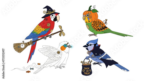 Halloween avian assembly: A fanciful collection of Halloween-themed avian illustrations, each uniquely adorned with playful costumes and decorations, showcasing creativity and festive spirit.