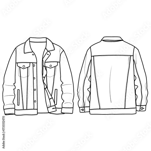 A detailed line drawing of a man's denim jacket, showing both the front and back views with buttons and pockets. Outerwear jackets, technical fashion illustration.
