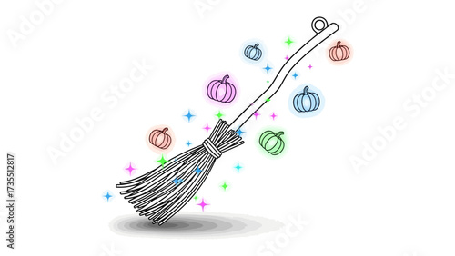 Enchanted broom illustration: A whimsically illustrated broom, radiating magic with floating pumpkins and dazzling sparkles. It embodies a spell of enchantment and fun. 