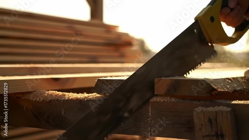 Hand Sawing Lumber: A Close-Up of Woodworking