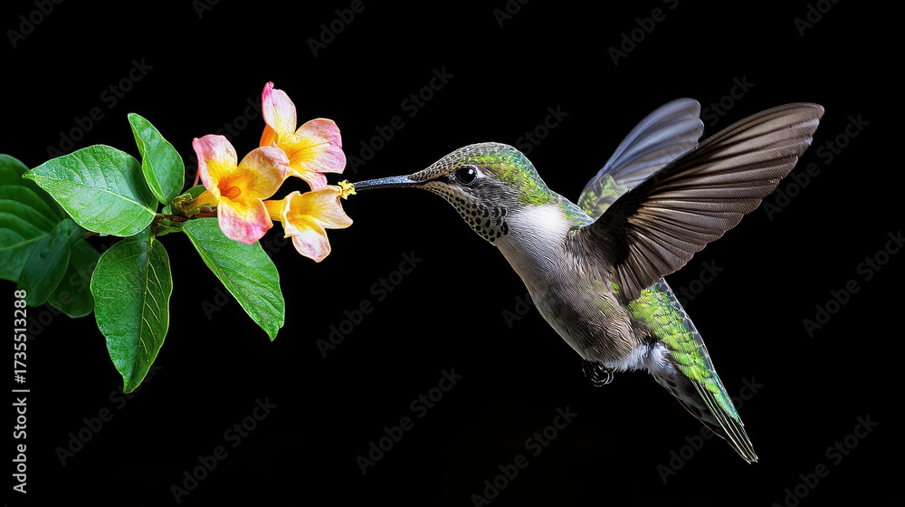 Fototapeta premium Vibrant hummingbird hovering near colorful flower, showcasing its iridescent feathers and delicate wings. scene captures beauty of nature