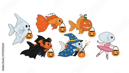 Halloween Fish Costume Collection: A whimsical tableau of aquatic creatures dressed in captivating Halloween costumes, each one holding a jack-o'-lantern bucket in this unique illustration.