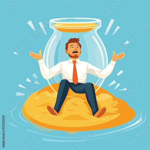 Crisis. Businessman drowned in quicksand hourglass. Time management. Flat vector illustration , vector style simple color