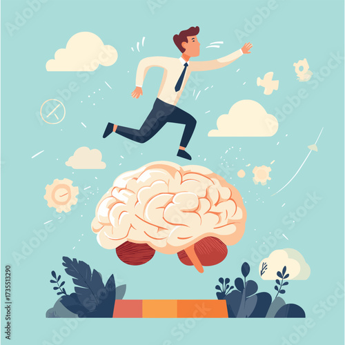 Businessman jumping over on human Brain. Worker employee overcome barrier solve trouble. Brainstorming. Flat vector illustration , vector style simple color