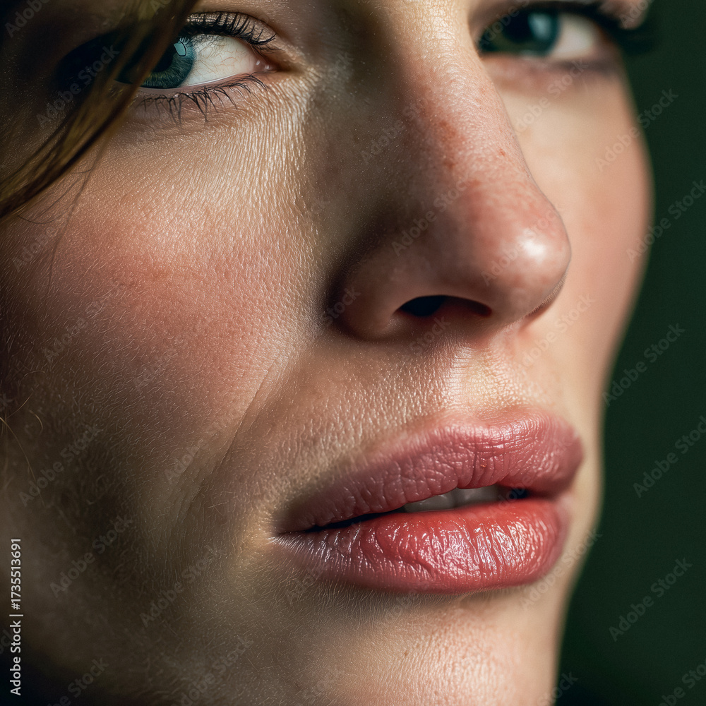 Obraz premium Close-up of a beautiful woman's face showing natural skin texture and captivating eyes, perfect for beauty campaigns, skincare ads, or portraying genuine emotion and inner reflection